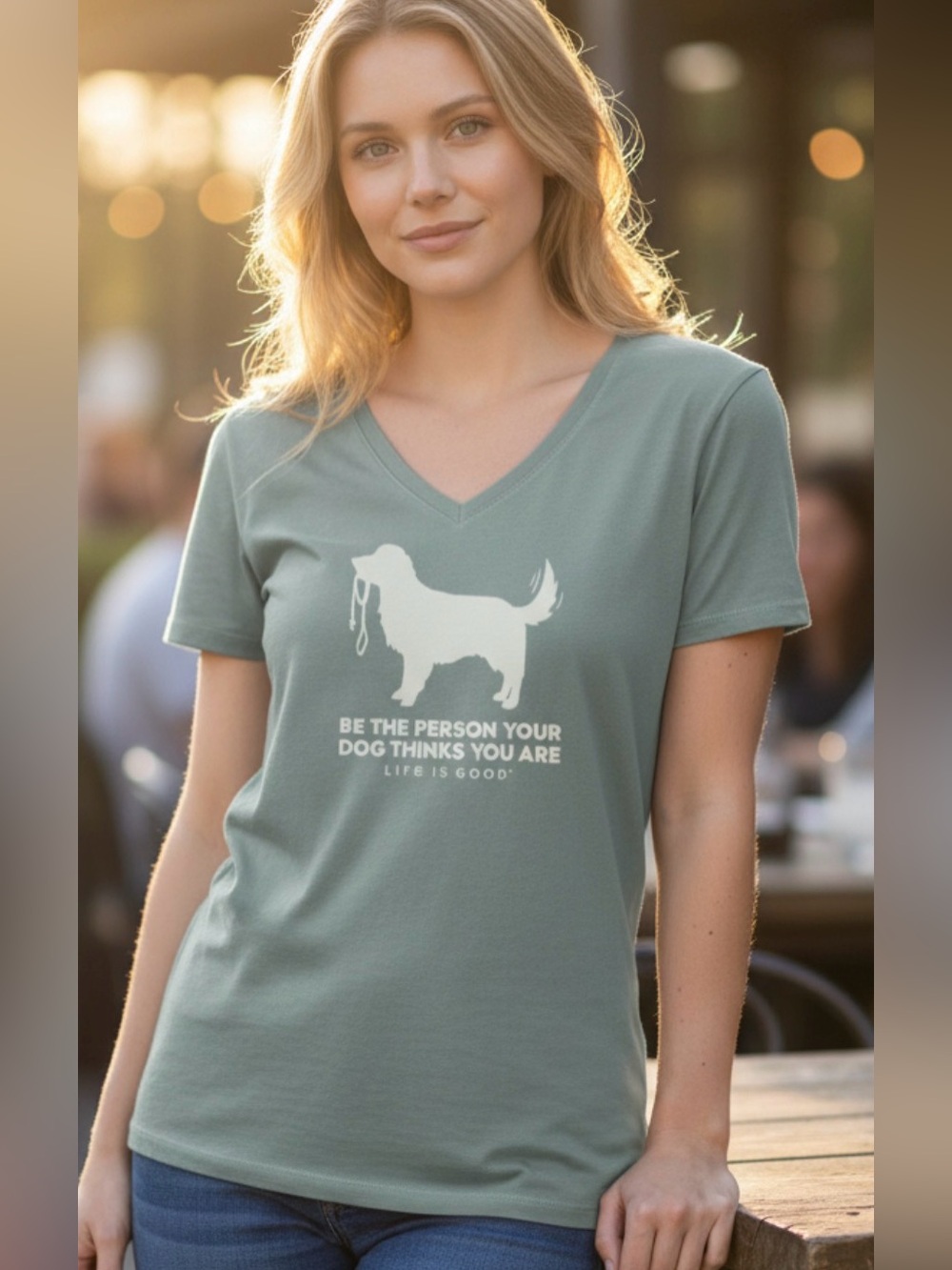 XXL Life is Good Women’s Graphic V-Neck Tee Grayish-Green